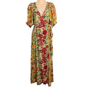 Natural Life Floral Wrap Maxi Dress Boho Rayon Smocked Sleeve Multi Size M